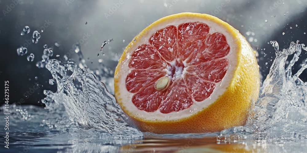 Poster a white grapefruit is depicted splashing in water, with its vibrant colors contrasting against a gre