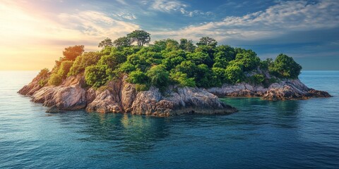 A secluded island in the sea features a lush green forest atop rugged rocks, offering a picturesque view from the water, ideal for summer travel vacations and exploration of serene landscapes.