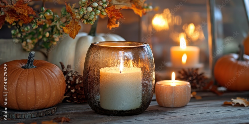 Poster cozy autumn setting featuring candles and a pumpkin, creating a warm atmosphere. this autumn display
