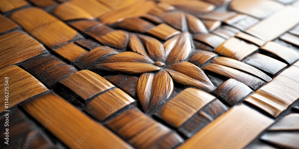 Aufkleber close up view of bamboo mosaic panels showcasing intricate patterns and textures, highlighting the b