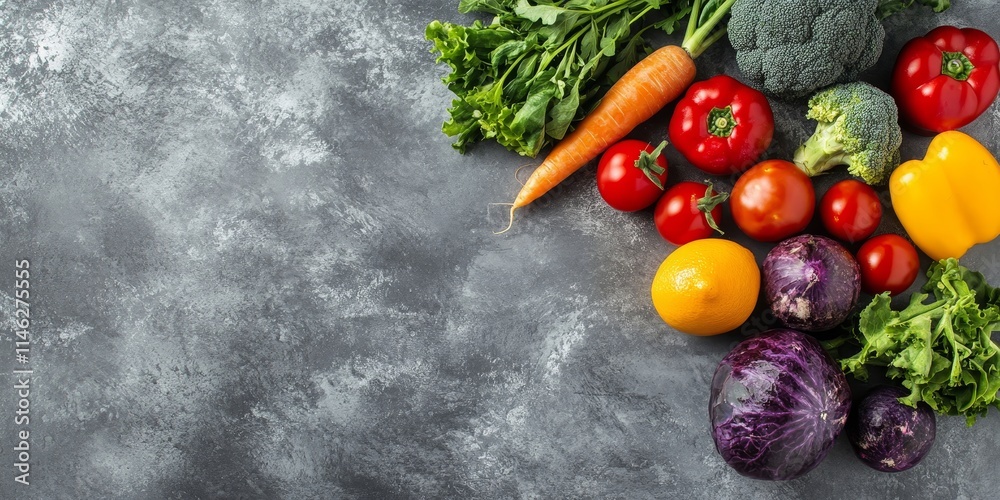 Poster Fresh vegetables arranged on a stone background create a vibrant display. This top view showcases the fresh vegetables beautifully against the stone background texture.