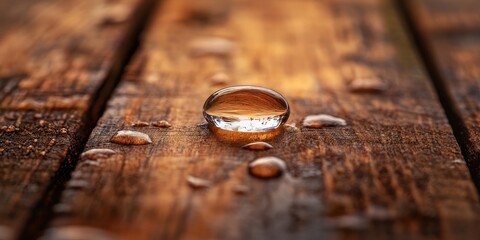 Water drop resting on brown wood showcases the beauty of nature s elements. The water drop highlights the contrast and texture of the brown wood, creating a striking visual effect with every detail.