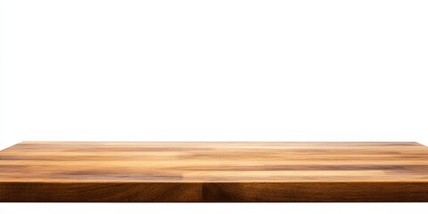 Fototapeta premium Wood table top against a clean, isolated white background, highlighting the natural beauty and texture of the wood table top. Perfect for showcasing various designs using a wood table top.