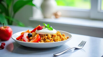 A delightful breakfast bowl featuring crunchy granola, creamy yogurt, and a vibrant medley of fresh fruit slices, perfectly garnished with a sprig of mint and juicy berries.