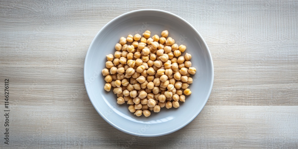 Poster plate of uncooked chickpeas displayed on a light wooden surface, showcasing the natural texture and 