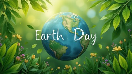 Earth Day Celebration Illustration with Flowers and Leaves.