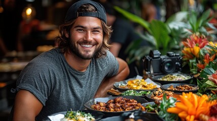 A smiling man poses with an array of delicious dishes in a vibrant outdoor setting.