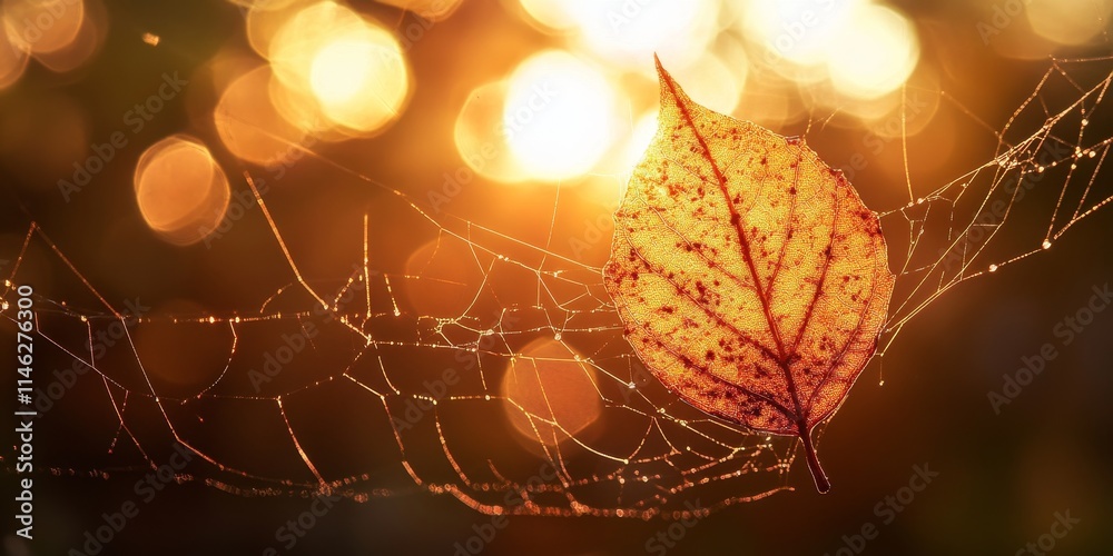 Poster Blurred backlight highlights a leaf against a captivating web, creating an enchanting scene filled with sunset light, showcasing the beauty of nature with soft, ethereal visuals in backlight and leaf.