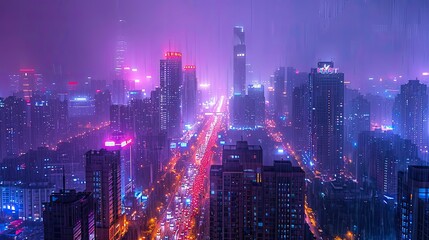 Obraz premium A vibrant cityscape at night, illuminated by neon lights and shrouded in rain.