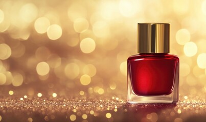 A bottle of red nail polish sits on a table