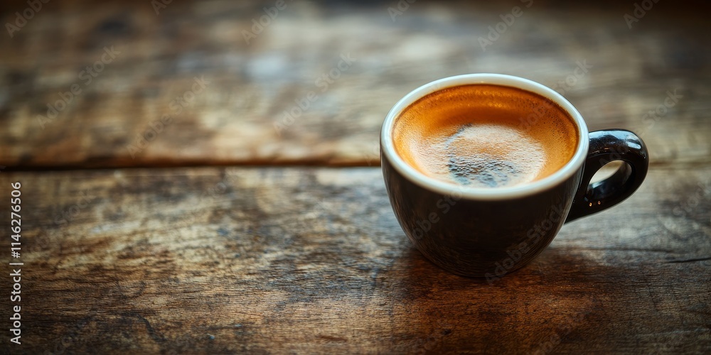 Poster a small coffee cup filled with hot espresso rests on a rustic table, showcasing the rich details of 