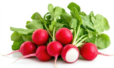 A bunch of radishes with green leaves