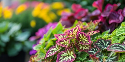 Obraz premium Lush view of a stunning coleus solenostemon plant thriving in a vibrant garden setting. This coleus solenostemon showcases its exquisite foliage, enhancing the garden s natural beauty.