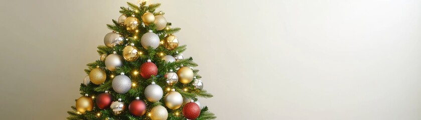 Obraz premium A decorated Christmas tree adorned with ornaments and lights against a neutral background.