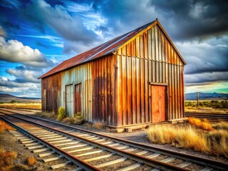 Obraz premium Oregon Rail Yard Shed - Corrugated Metal Structure, Central Oregon Landscape Photography