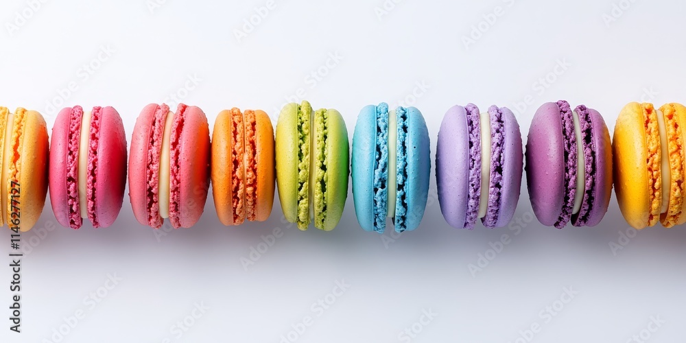 Poster vibrantly hued macarons placed against a pristine white backdrop. these delightful macarons showcase
