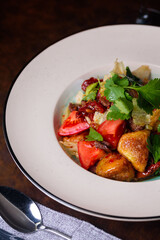salad with crispy eggplant, beef with muhammara sauce