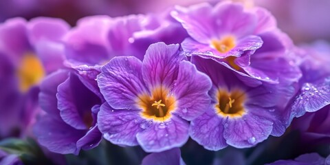 Close up of vibrant purple primroses flowers showcasing their delicate petals and rich colors, highlighting the beauty of purple primroses in nature s incredible display.