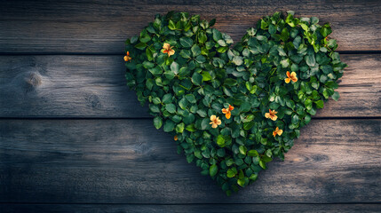 Leafy heart shape with flowers on wooden background.