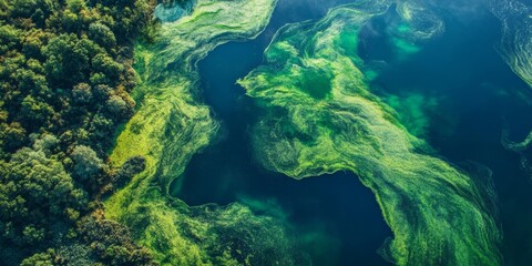 Fototapeta premium An aerial perspective showcases a lake that is experiencing an abundance of green algae development, highlighting the growth of algae in the water.