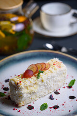 sweet dessert with berries and tea