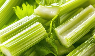 A bunch of celery stalks with green leaves