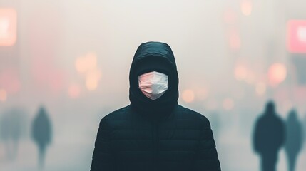 A hooded figure wearing a mask stands in a foggy urban environment, surrounded by indistinct silhouettes, evoking themes of anonymity and caution.