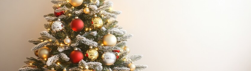 Fototapeta premium A beautifully decorated Christmas tree with ornaments and lights, set against a neutral background.