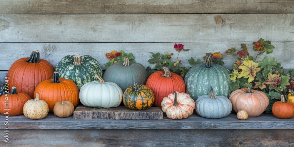 Poster assorted pumpkins and squashes arranged on rustic wooden boards create a stunning autumn backdrop, h