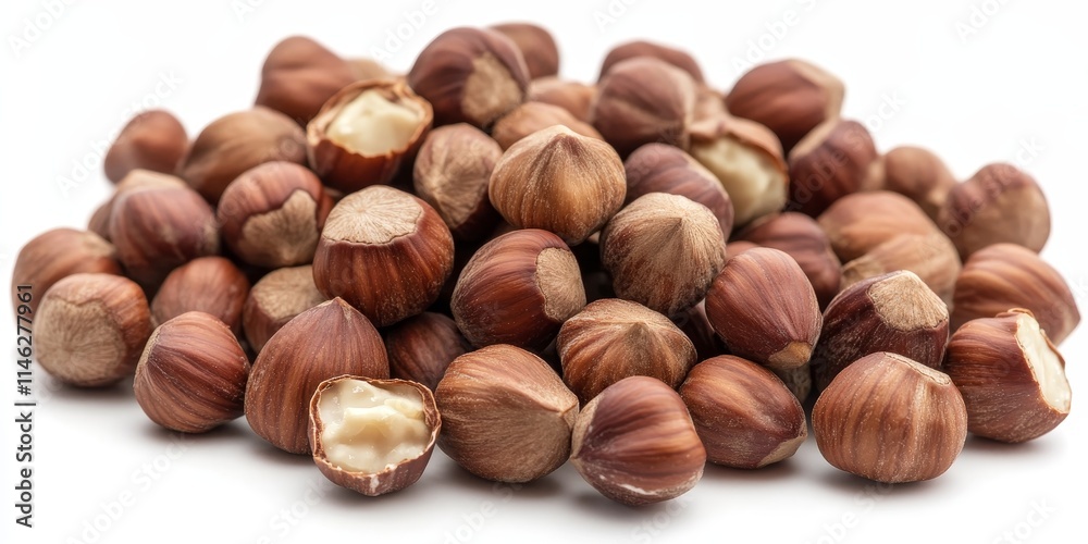 Poster close up of hazelnuts isolated on a white background, showcasing the rich texture and color of hazel