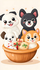 Obraz premium Cute Cartoon Dogs in Basket with Gifts, Holiday Design, Festive Background, Greeting Card.
