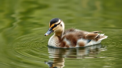 Duck swimming gracefully in a serene pond surrounded by lush green reflections on a calm day
