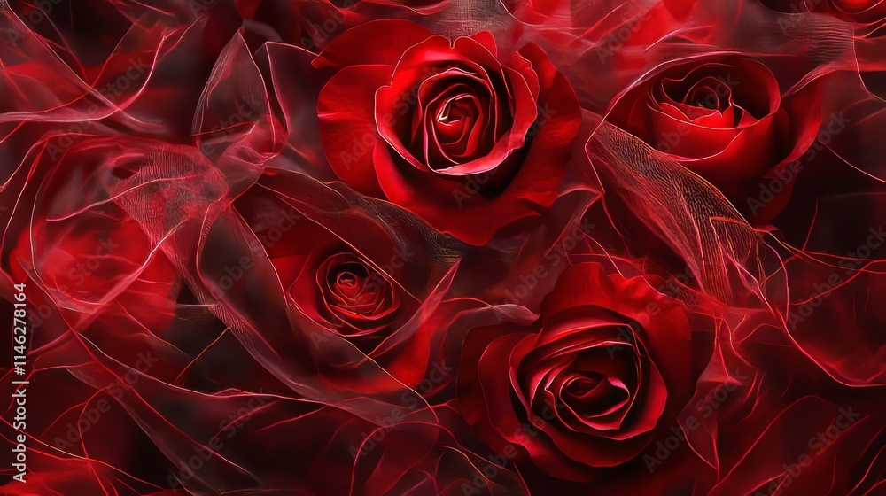 Poster Red roses featuring a captivating mesh texture create a stunning visual. The intricate mesh texture adds depth and elegance to the classic beauty of red roses, enhancing their allure.