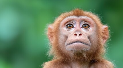 Obraz premium Close-up portrait of a young brown monkey looking directly forward against a soft green blurred background.