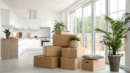 A collection of packed cardboard boxes arranged in a modern, sunlit kitchen and living space. Represents moving, relocation, or organizing in a new home environment.