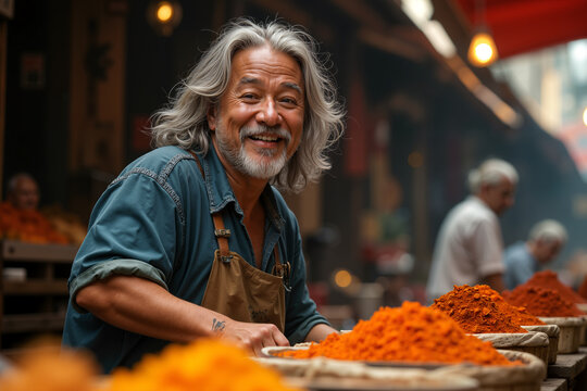 Cheerful man with a beard and long hair, wearing an apron over a blue shirt, is standing behind a table filled with various spices, likely at a market or store where he sells them.