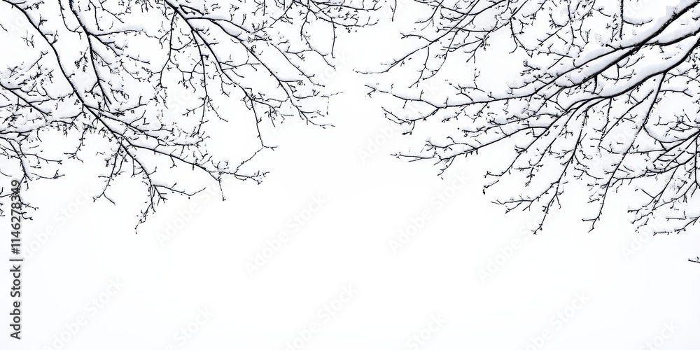 Poster snow covered branches of trees set against a bright white sky create a winter wonderland scene. this
