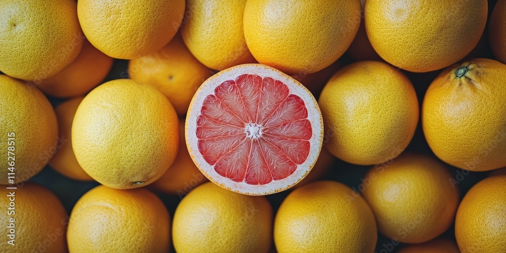 Poster close up view of a grapefruit half alongside a collection of grapefruits, showcasing the vibrant col