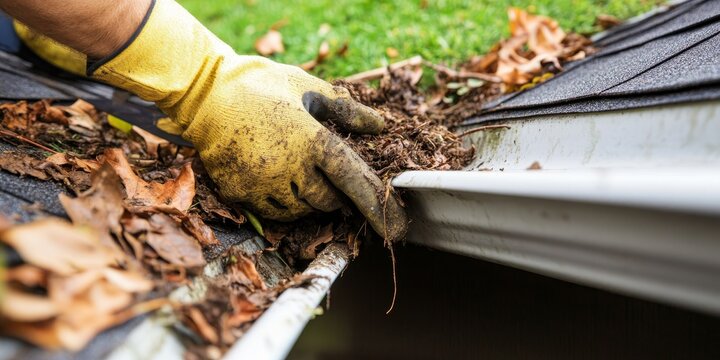 A worker is efficiently cleaning a clogged roof gutter, removing dirt, debris, and fallen leaves to ensure proper drainage and prevent water buildup. Clean roof gutters are essential for maintenance.