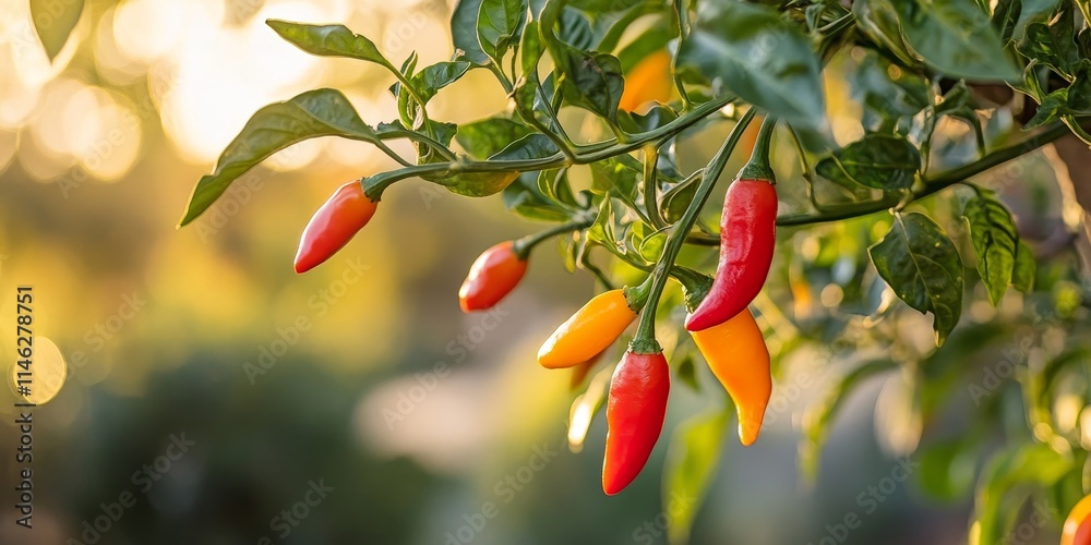 Poster vibrant red and orange cayenne peppers hang from the branches of a tree, showcasing the beauty of fr