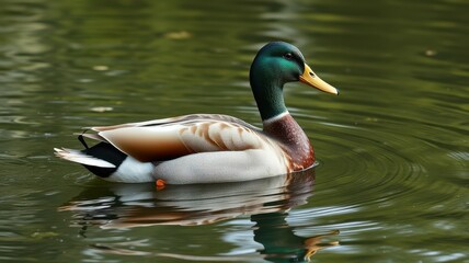 Fototapeta premium Colorful mallard duck swimming peacefully in a serene pond surrounded by lush greenery