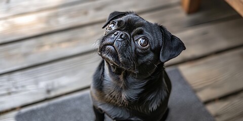 A wooden porch features a gray carpet and a solid black pug dog gazes upward, embodying the idea of a growth mindset, which encourages continual personal development.