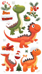 Obraz premium Cute Christmas Dinosaurs Festive Illustration, Winter Wonderland Background, Holiday Card Design.