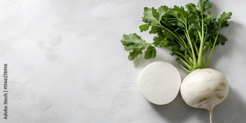 Poster fresh white round daikon radish displayed on a clean white background, highlighting the vibrant text