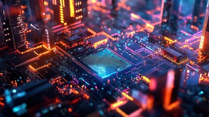 Creative 6G chip on abstract bottom up view city background. Internet speed and future concept. Double exposure