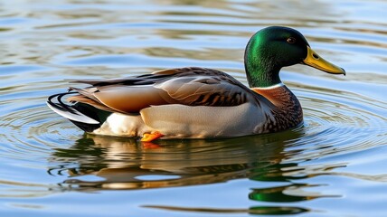 Fototapeta premium Colorful male mallard duck swimming peacefully in a serene pond during the daytime