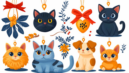 Obraz premium Cute Christmas pet ornaments; cats, dog, mistletoe, bows; holiday decorations; festive design.