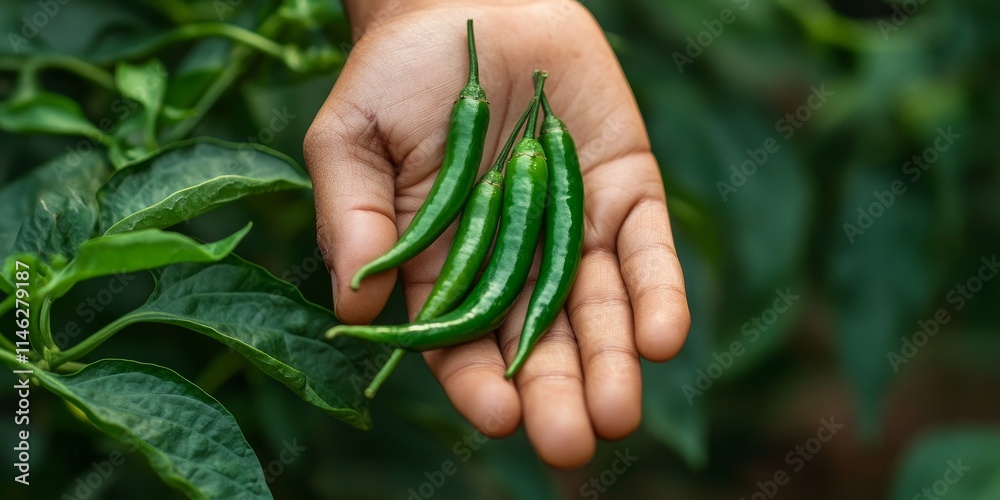 Poster fresh green chilli held in hand, showcasing the vibrant color and shape of the green chilli. this gr