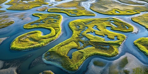A stunning aerial view showcases the unique beauty of salt marshes, highlighting the intricate patterns and vibrant ecosystem of the salt marshes in this captivating image.