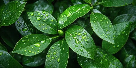 Fototapeta premium Glistening drops of water adorn the glossy dark green gardenia leaf, enhancing the beauty of the dark green gardenia leaf in any natural setting.